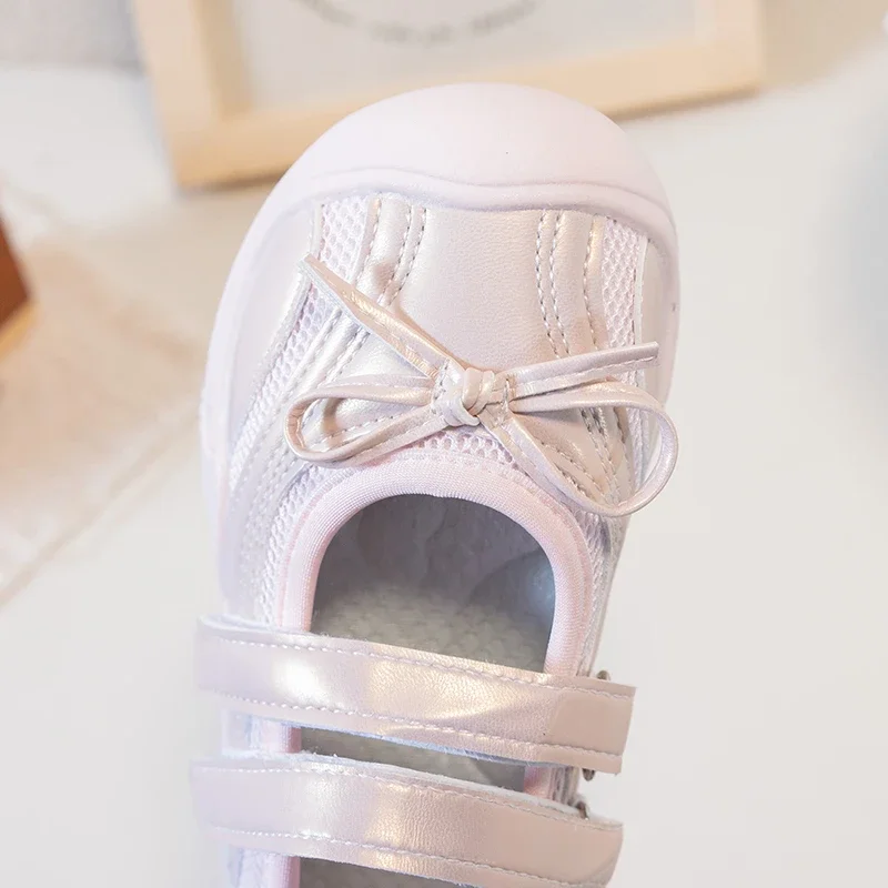 Little Girls Bow Mesh Sneakers, Dual Hook & Loop Straps, Breathable Upper, Non Slip Soft Sole Shoes for Daily Outdoor Wear