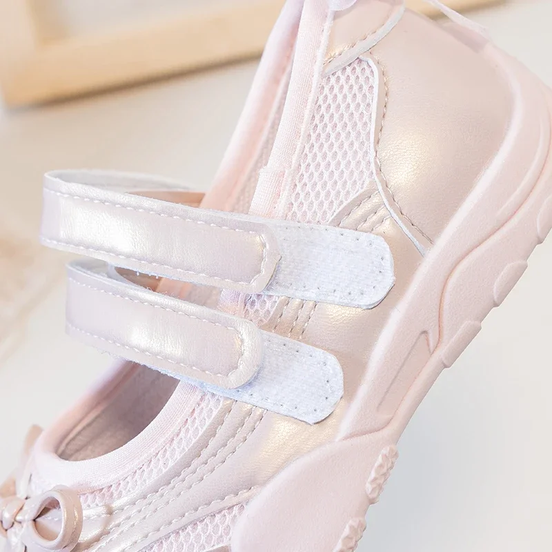 Little Girls Bow Mesh Sneakers, Dual Hook & Loop Straps, Breathable Upper, Non Slip Soft Sole Shoes for Daily Outdoor Wear