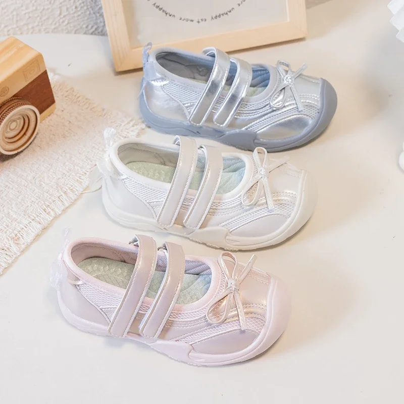 Little Girls Bow Mesh Sneakers, Dual Hook & Loop Straps, Breathable Upper, Non Slip Soft Sole Shoes for Daily Outdoor Wear