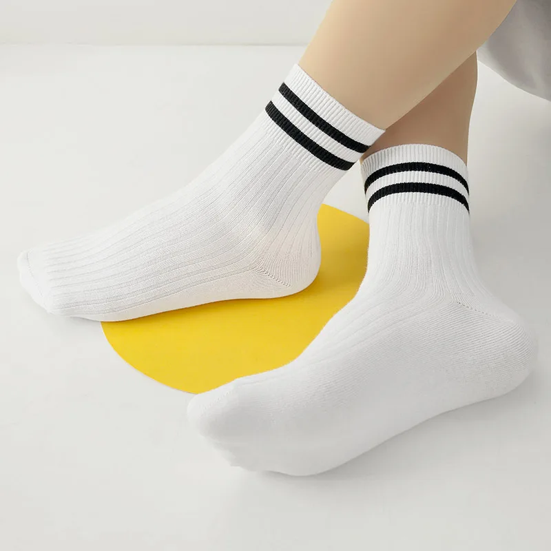 Kids Boys Girls Cotton Socks - Seamless Double Needle Ribbed 2-Stripe, Teens Students All Season School Home Sports Socks