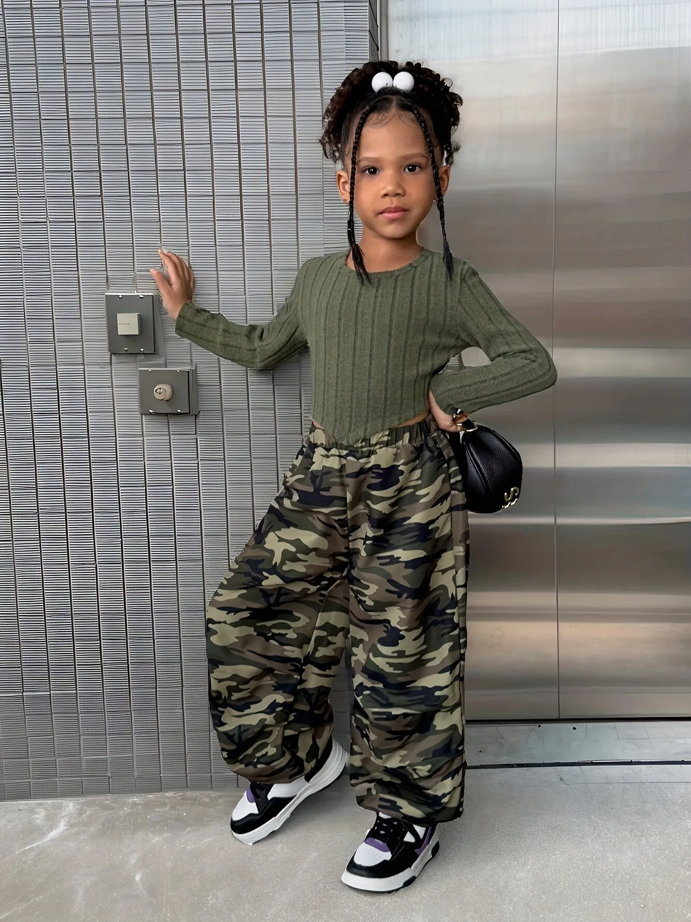 Trendy Girls 2Pcs Co-Ord, Olive Ribbed Long Sleeve Crop Top & Camouflage Wide Leg Trousers for Daily Street Style