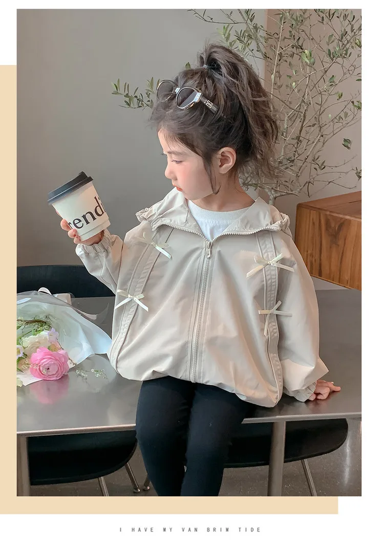 Girls Hooded Windbreaker Jacket 2026 Spring Autumn Cute Bow Zipper Lightweight Outerwear Casual Waterproof Coat For Kids 4-12Yrs