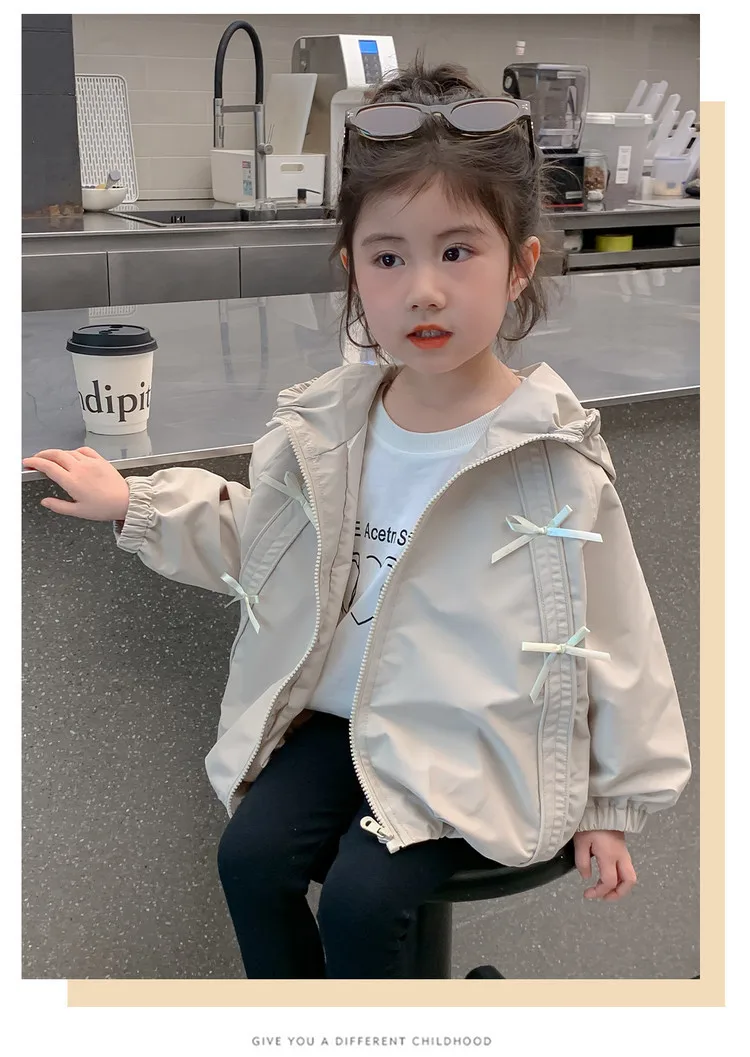 Girls Hooded Windbreaker Jacket 2026 Spring Autumn Cute Bow Zipper Lightweight Outerwear Casual Waterproof Coat For Kids 4-12Yrs