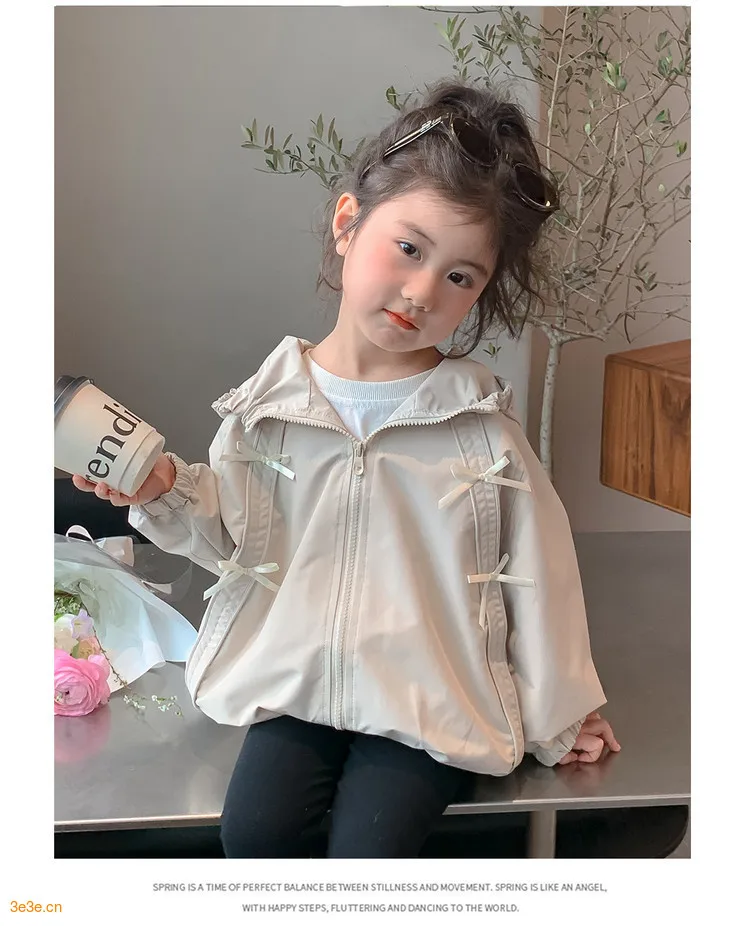 Girls Hooded Windbreaker Jacket 2026 Spring Autumn Cute Bow Zipper Lightweight Outerwear Casual Waterproof Coat For Kids 4-12Yrs