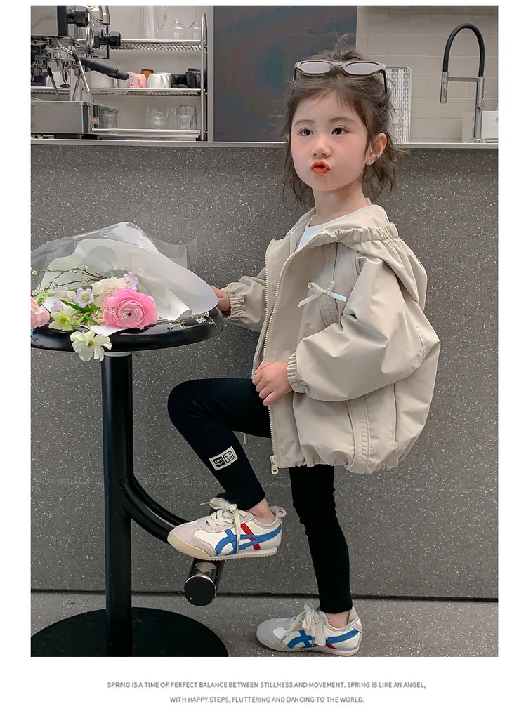Girls Hooded Windbreaker Jacket 2026 Spring Autumn Cute Bow Zipper Lightweight Outerwear Casual Waterproof Coat For Kids 4-12Yrs