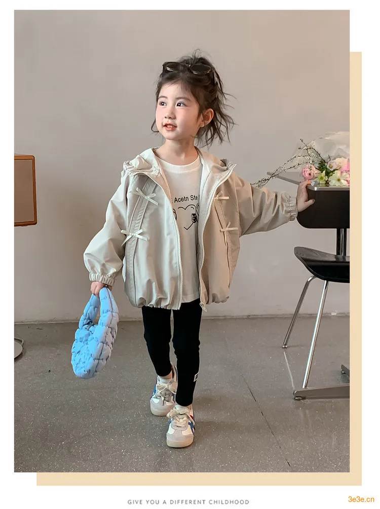 Girls Hooded Windbreaker Jacket 2026 Spring Autumn Cute Bow Zipper Lightweight Outerwear Casual Waterproof Coat For Kids 4-12Yrs