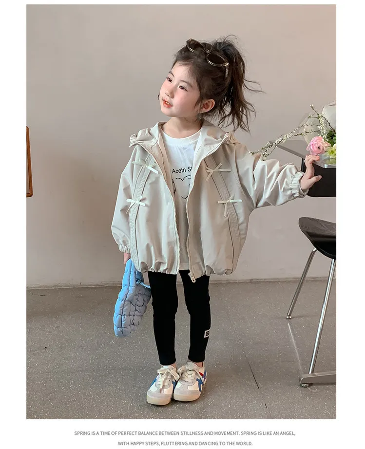 Girls Hooded Windbreaker Jacket 2026 Spring Autumn Cute Bow Zipper Lightweight Outerwear Casual Waterproof Coat For Kids 4-12Yrs
