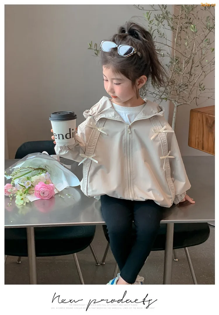 Girls Hooded Windbreaker Jacket 2026 Spring Autumn Cute Bow Zipper Lightweight Outerwear Casual Waterproof Coat For Kids 4-12Yrs