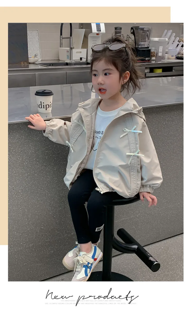 Girls Hooded Windbreaker Jacket 2026 Spring Autumn Cute Bow Zipper Lightweight Outerwear Casual Waterproof Coat For Kids 4-12Yrs