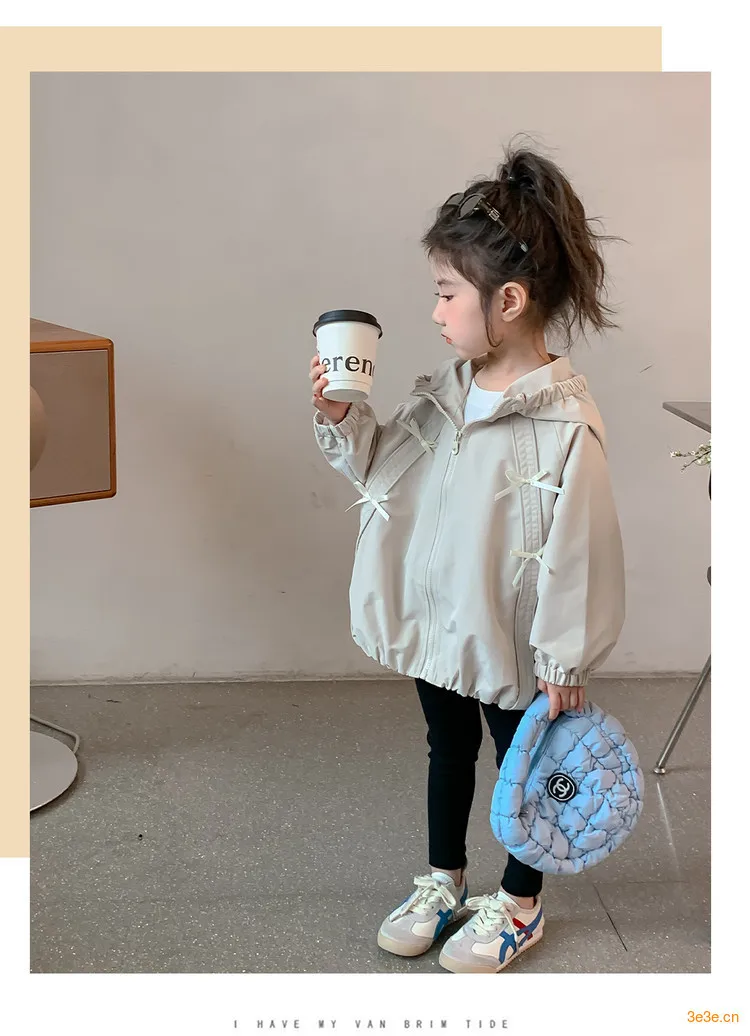 Girls Hooded Windbreaker Jacket 2026 Spring Autumn Cute Bow Zipper Lightweight Outerwear Casual Waterproof Coat For Kids 4-12Yrs