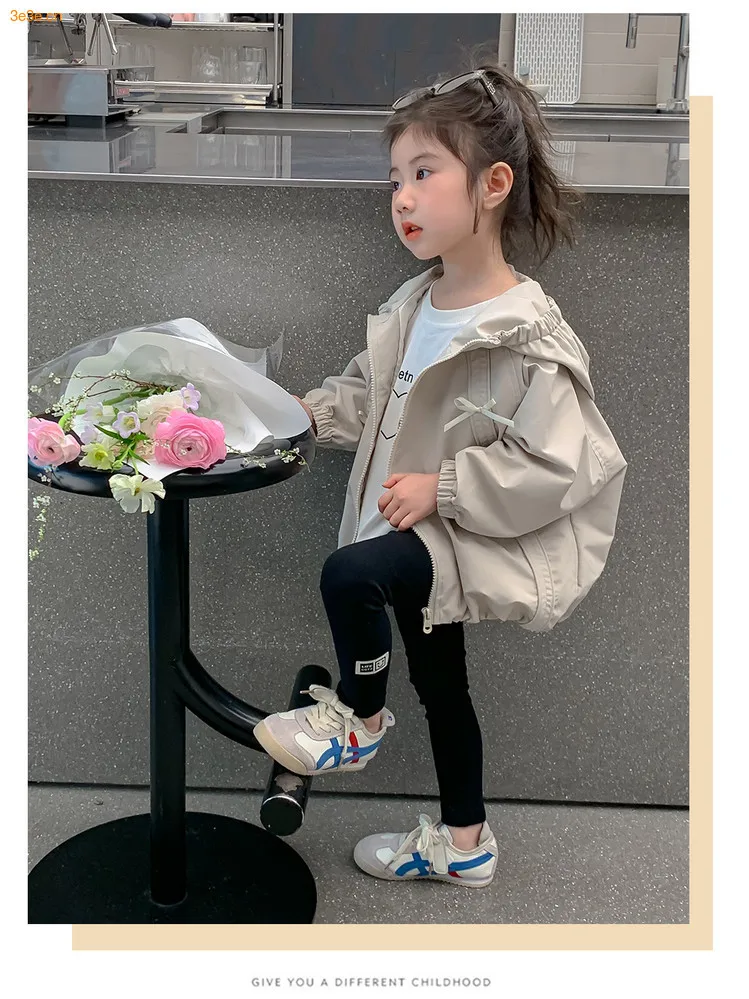 Girls Hooded Windbreaker Jacket 2026 Spring Autumn Cute Bow Zipper Lightweight Outerwear Casual Waterproof Coat For Kids 4-12Yrs