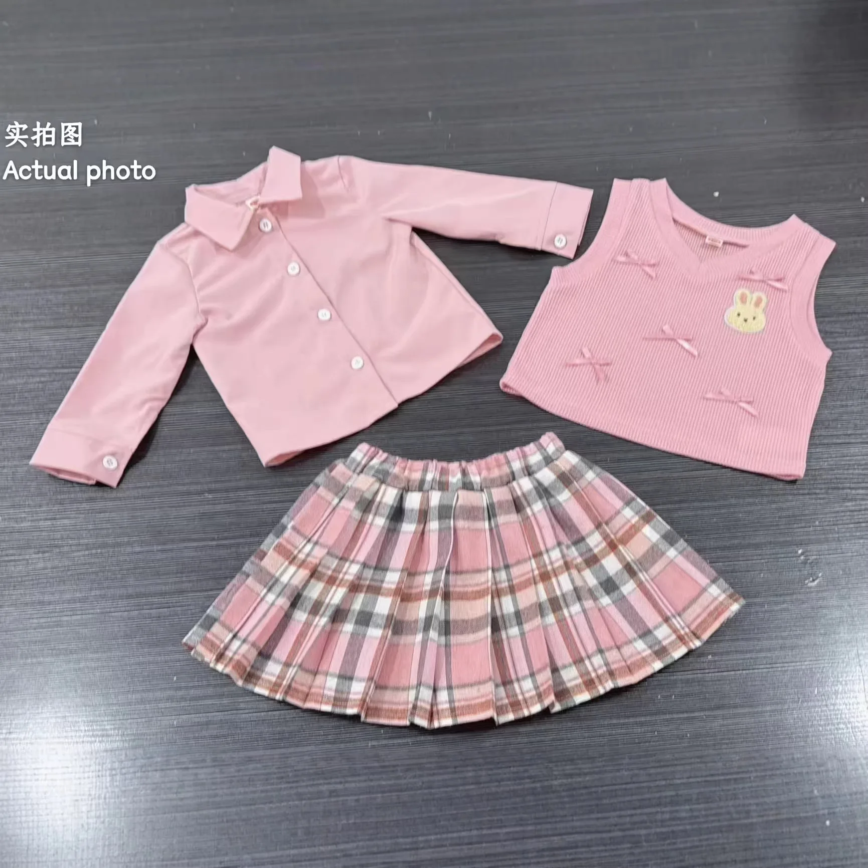 6 9 12 18 24 36 Months Baby Girls Clothing Sets Cute Style Knit Vest + Shirt + Plaid Pleated Skirt 3pcs Baby Suits Kids Clothes