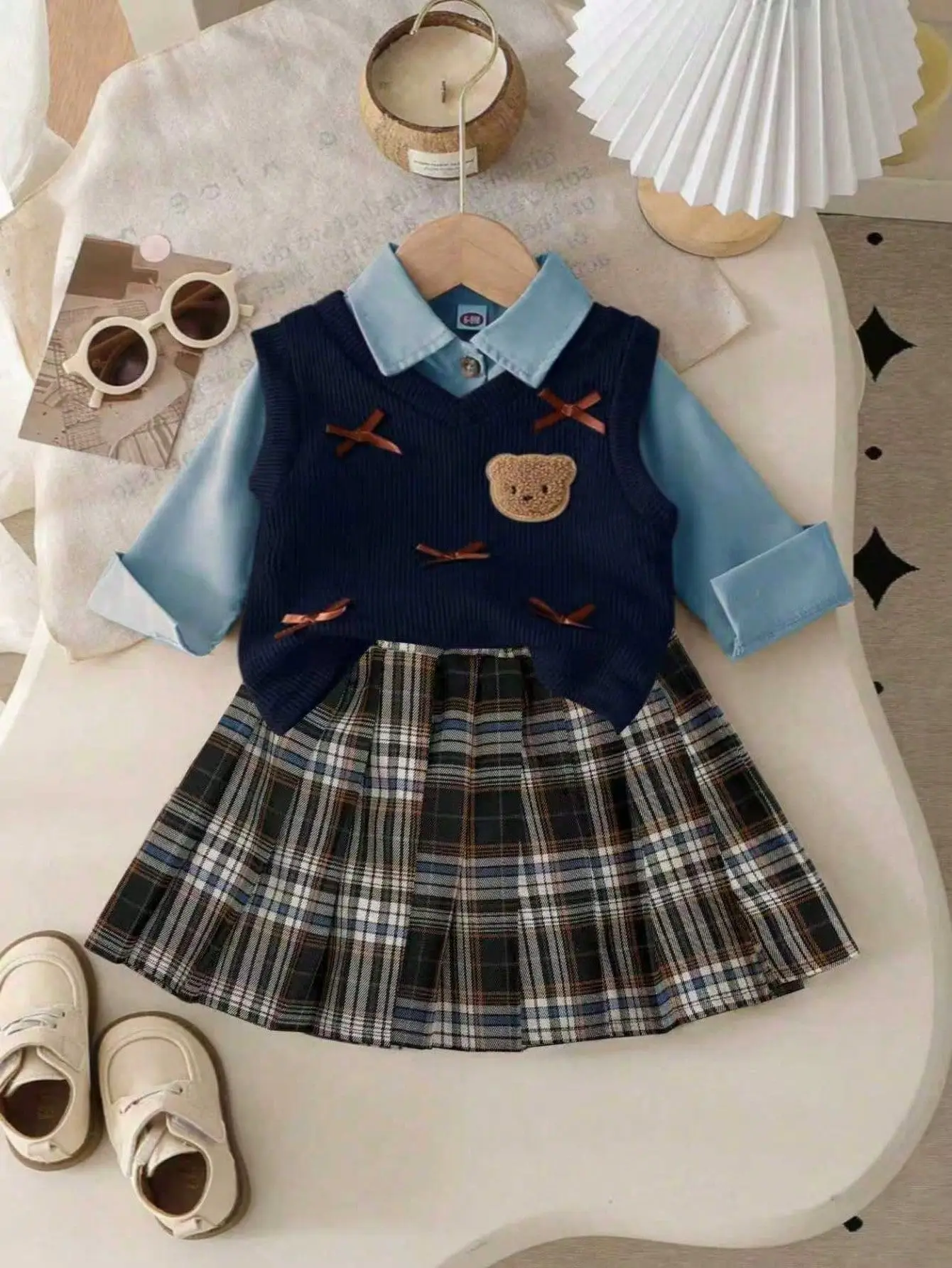6 9 12 18 24 36 Months Baby Girls Clothing Sets Cute Style Knit Vest + Shirt + Plaid Pleated Skirt 3pcs Baby Suits Kids Clothes