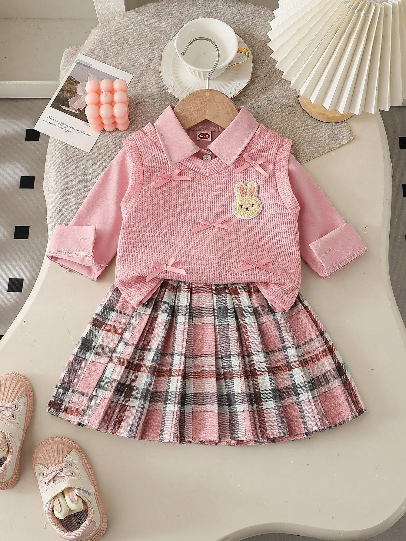 6 9 12 18 24 36 Months Baby Girls Clothing Sets Cute Style Knit Vest + Shirt + Plaid Pleated Skirt 3pcs Baby Suits Kids Clothes