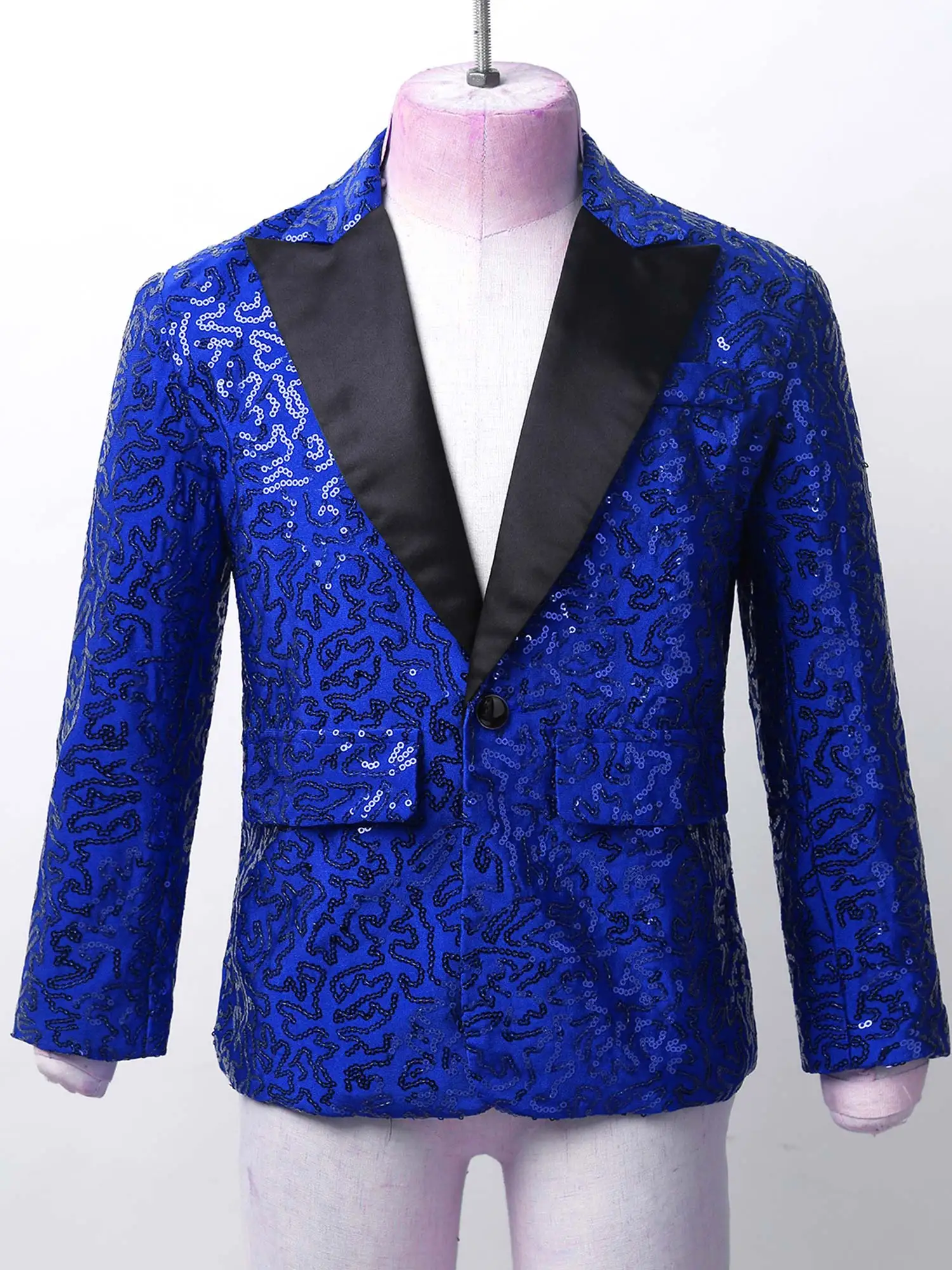 Kids Boys Shiny Sequins Coat Modren Competition Dance Performance Jacket Banquet Party Long Sleeve Tuxedo Suit with Fedora Hat