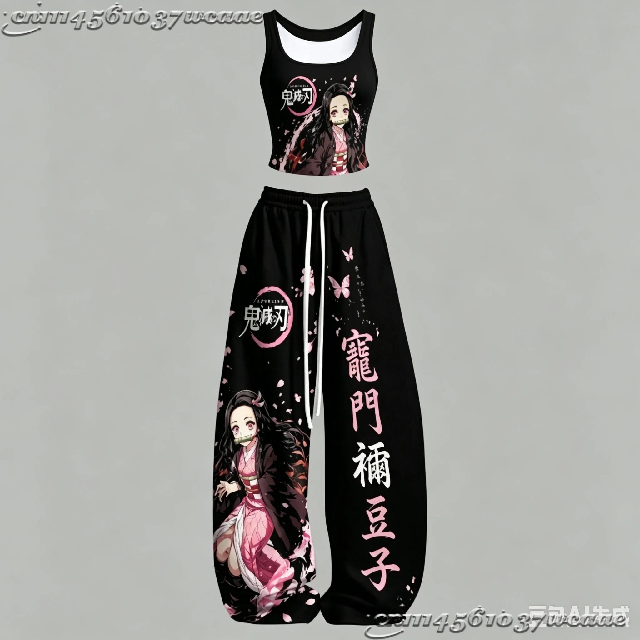 2026 New Universal Tank Top Wide Leg Pants Set Demon Slayer Kokushibo Dark Anime Print Two Piece Outfit Non-Cotton Family Kids
