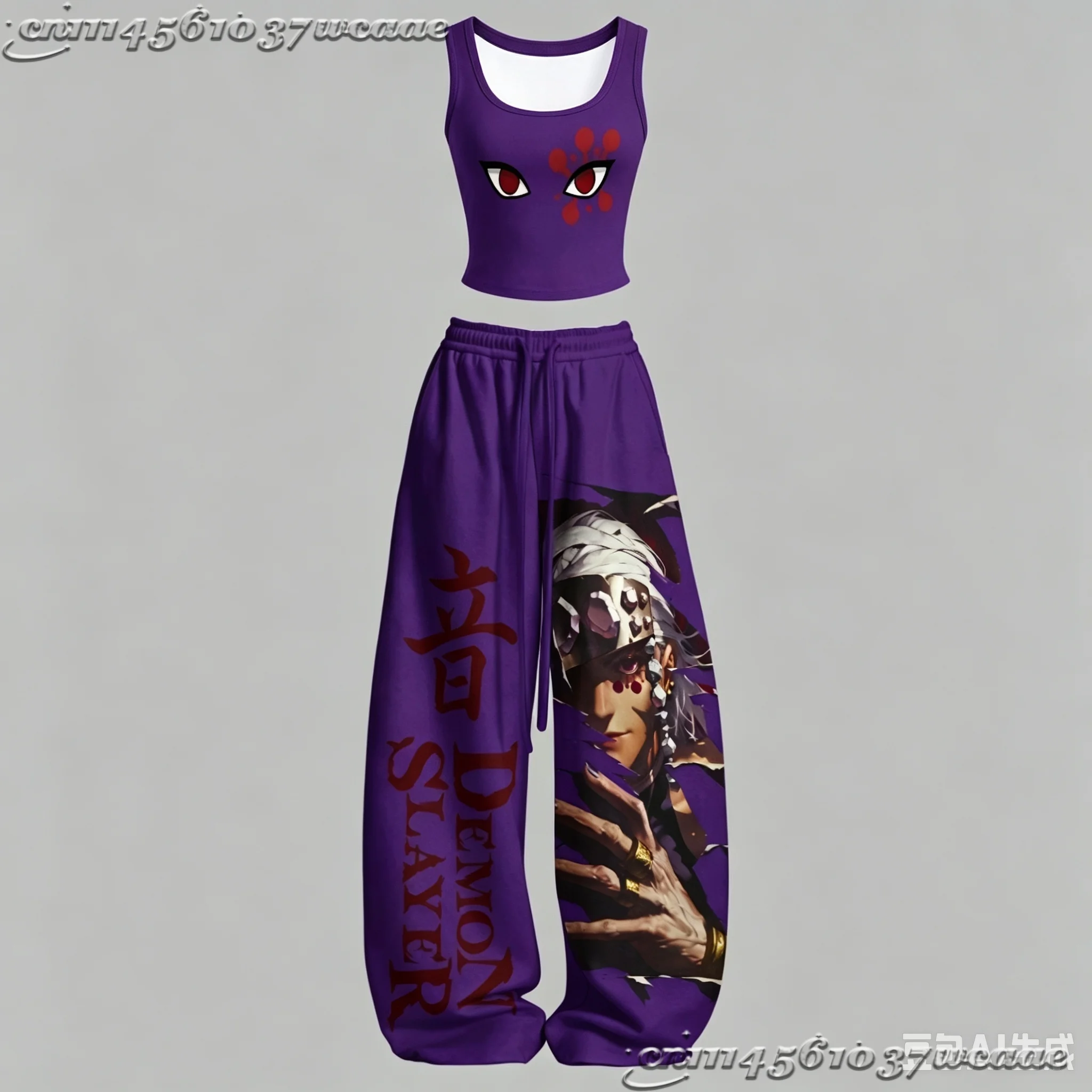 2026 New Universal Tank Top Wide Leg Pants Set Demon Slayer Kokushibo Dark Anime Print Two Piece Outfit Non-Cotton Family Kids