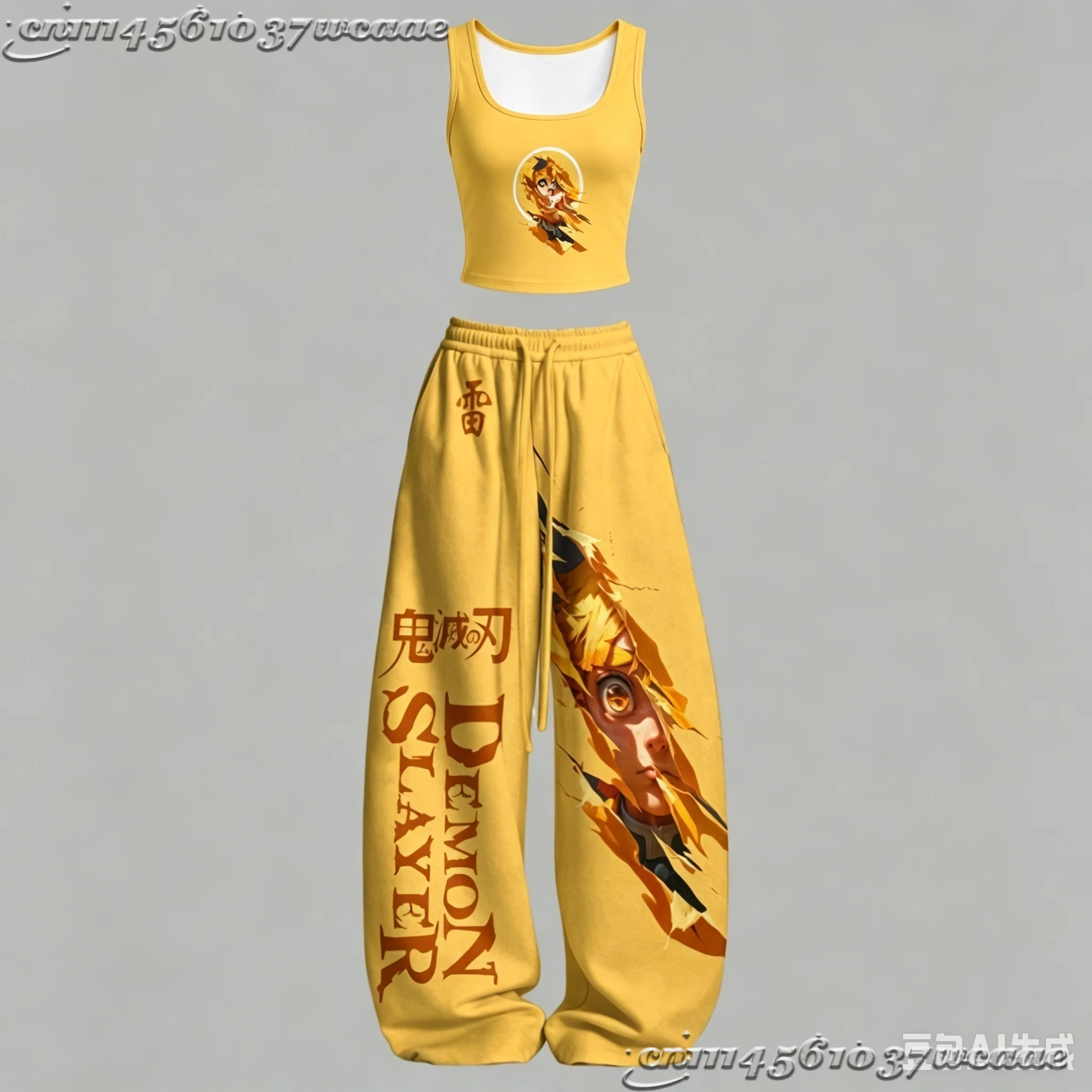 2026 New Universal Tank Top Wide Leg Pants Set Demon Slayer Kokushibo Dark Anime Print Two Piece Outfit Non-Cotton Family Kids