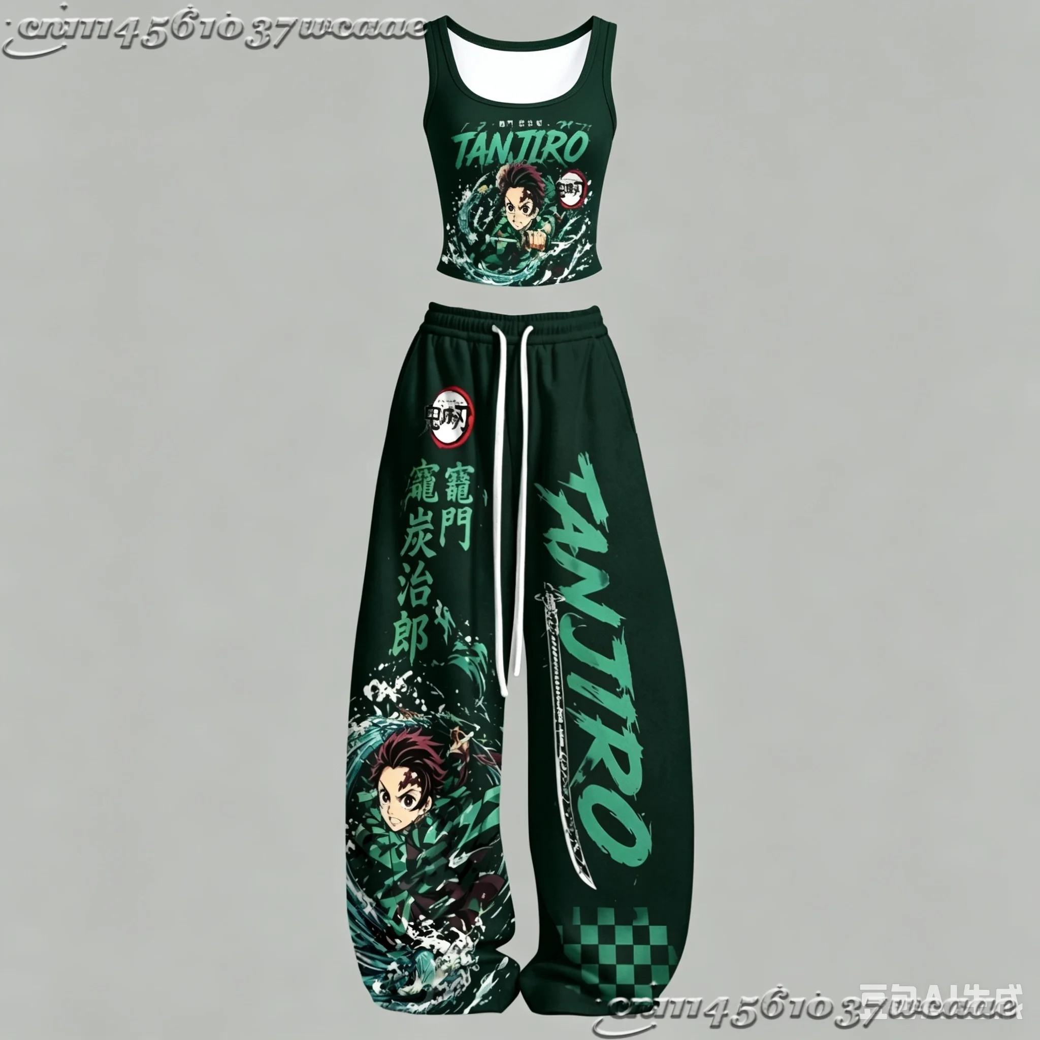 2026 New Universal Tank Top Wide Leg Pants Set Demon Slayer Kokushibo Dark Anime Print Two Piece Outfit Non-Cotton Family Kids