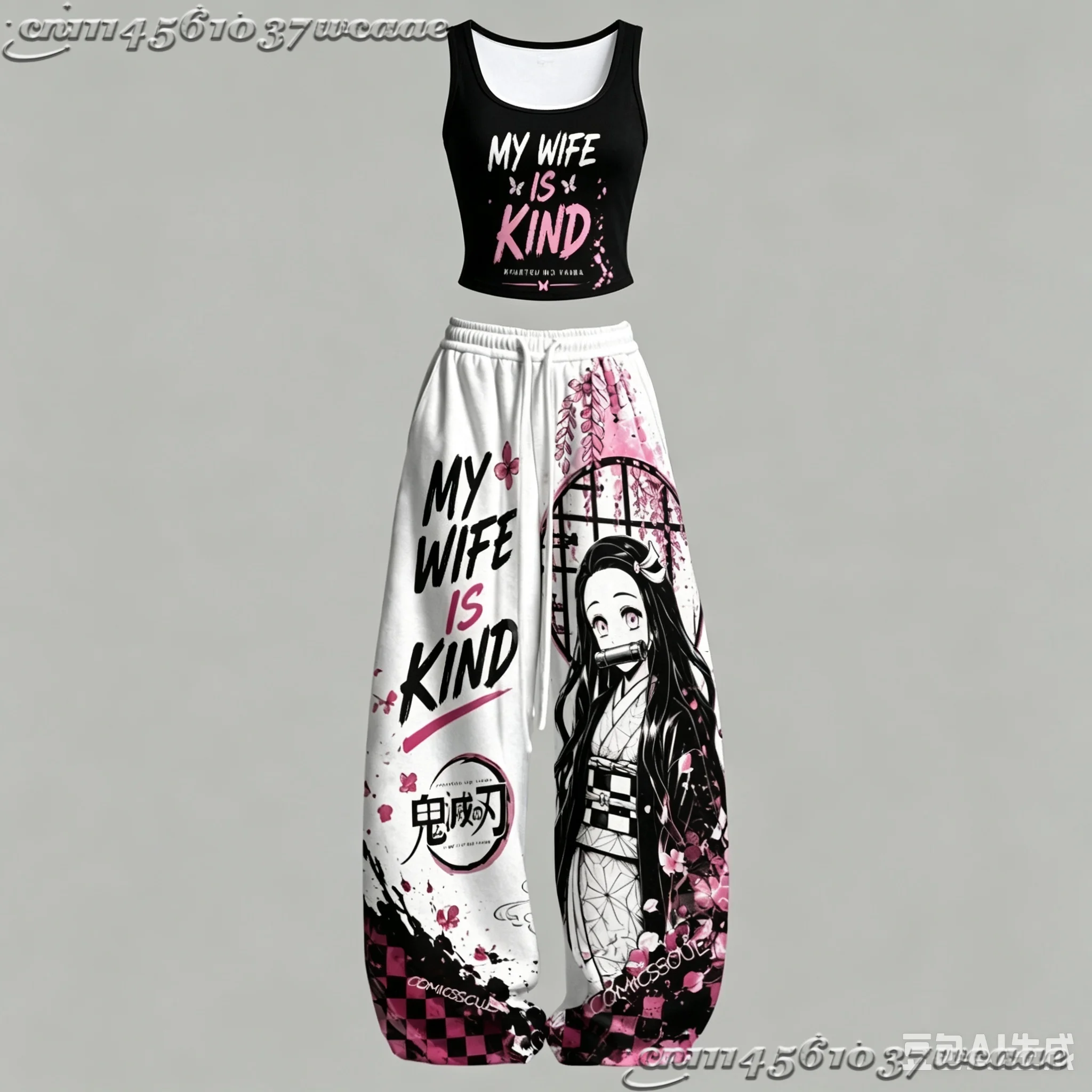 2026 New Universal Tank Top Wide Leg Pants Set Demon Slayer Kokushibo Dark Anime Print Two Piece Outfit Non-Cotton Family Kids