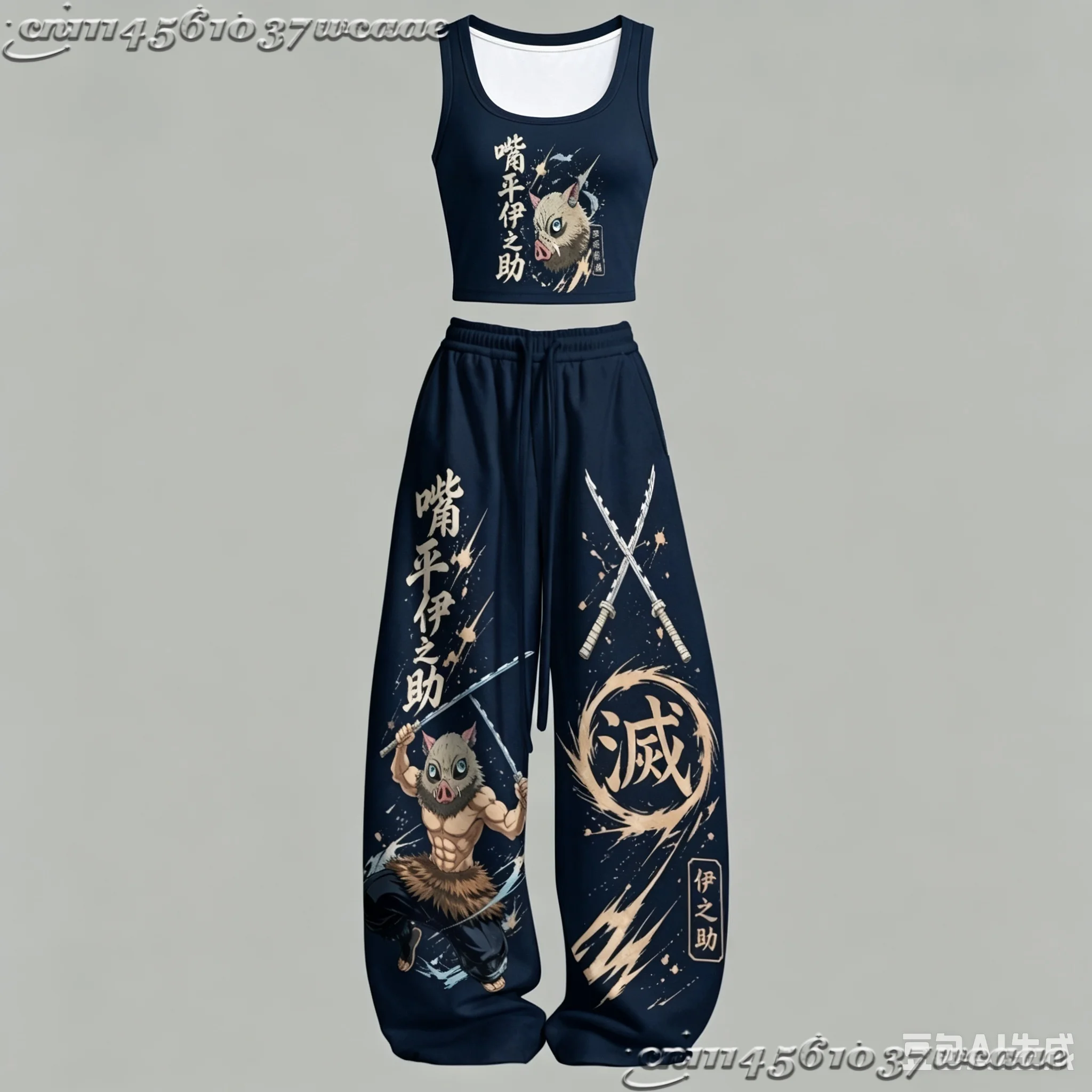 2026 New Universal Tank Top Wide Leg Pants Set Demon Slayer Kokushibo Dark Anime Print Two Piece Outfit Non-Cotton Family Kids