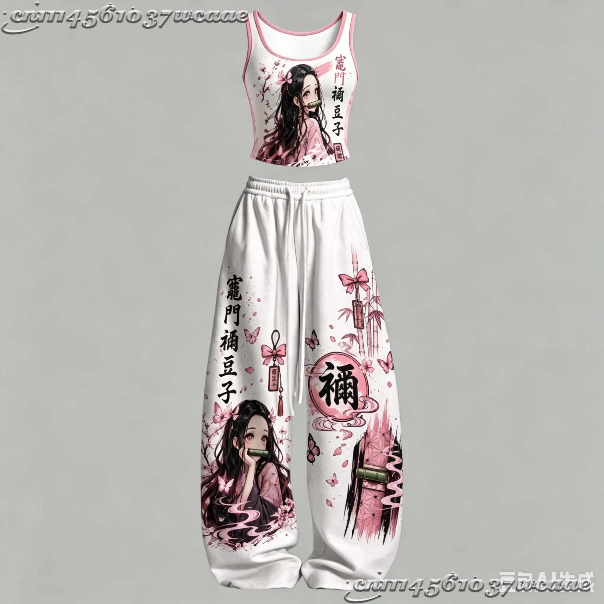 2026 New Universal Tank Top Wide Leg Pants Set Demon Slayer Kokushibo Dark Anime Print Two Piece Outfit Non-Cotton Family Kids
