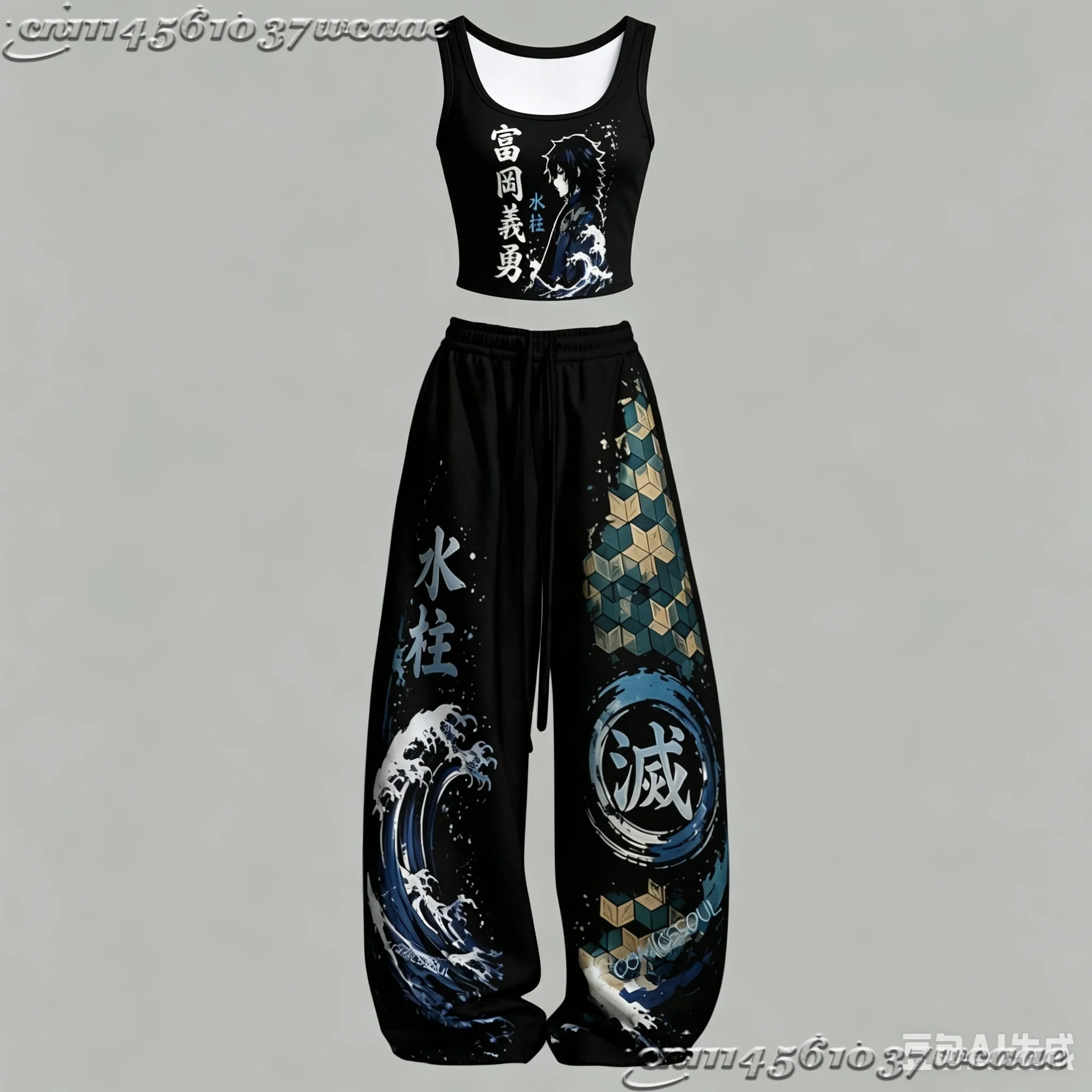 2026 New Universal Tank Top Wide Leg Pants Set Demon Slayer Kokushibo Dark Anime Print Two Piece Outfit Non-Cotton Family Kids