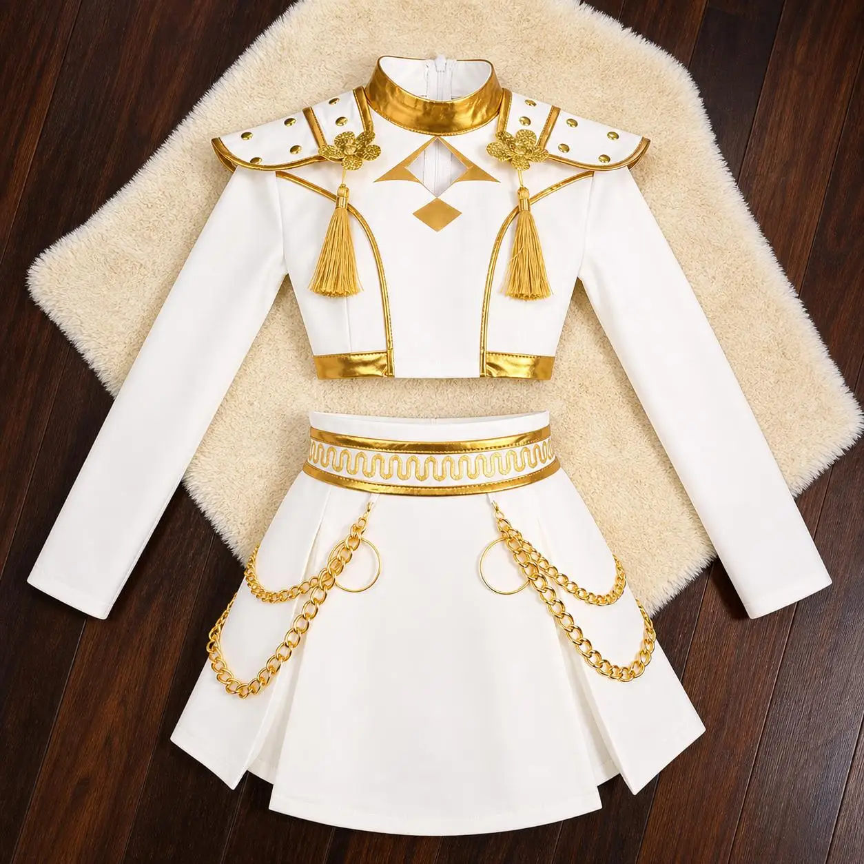 White Gold Girls 2 Piece Dance Costume Popular Korean Music Performance Clothing Kids Birthday Party Cosplay Singer Team Uniform
