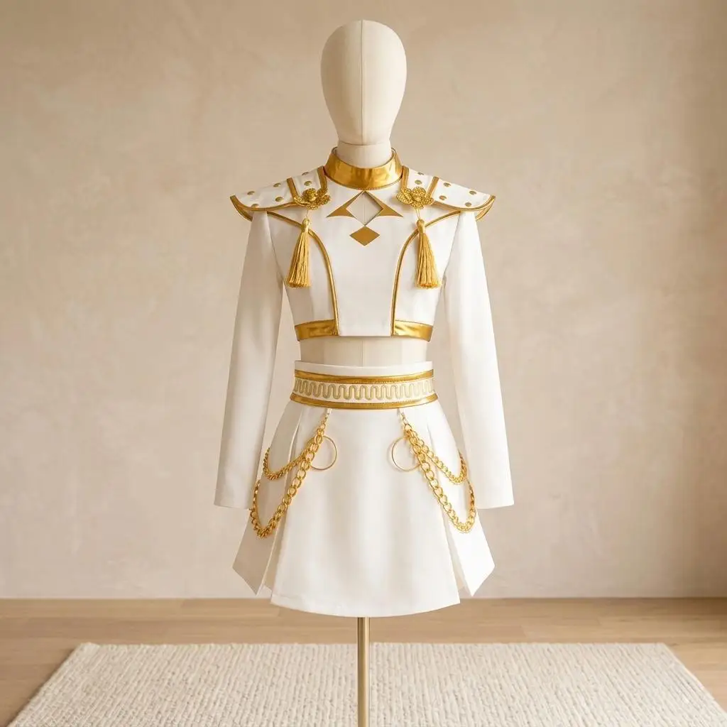 White Gold Girls 2 Piece Dance Costume Popular Korean Music Performance Clothing Kids Birthday Party Cosplay Singer Team Uniform