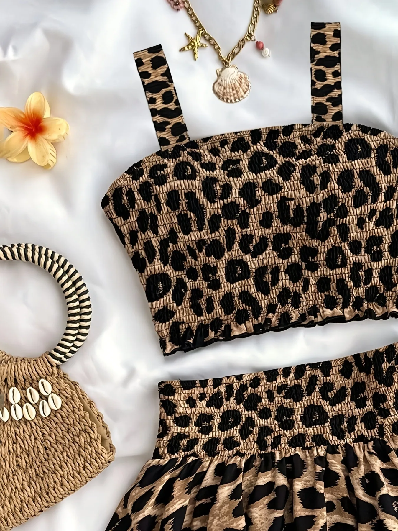 Comfy Kids Girls Summer Two Piece Set, All Over Leopard Print Smocked Camisole & Elastic Waist Layered Skirt for Outdoor Party