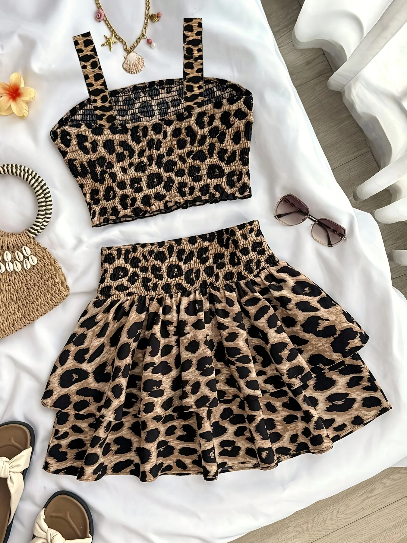 Comfy Kids Girls Summer Two Piece Set, All Over Leopard Print Smocked Camisole & Elastic Waist Layered Skirt for Outdoor Party