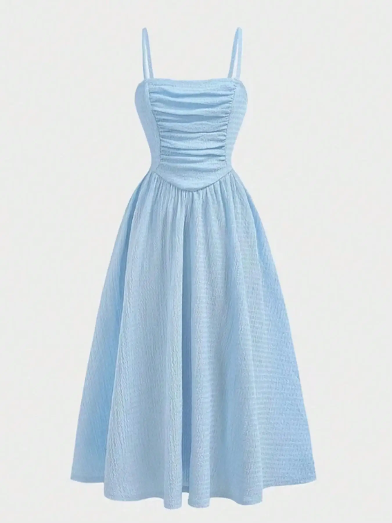 Youth Girls Light Blue Square Neck Ruched Bust Swing Cami Midi Dress, Slim Fit, Casual Style, Lightweight, Summer Teen Fashion
