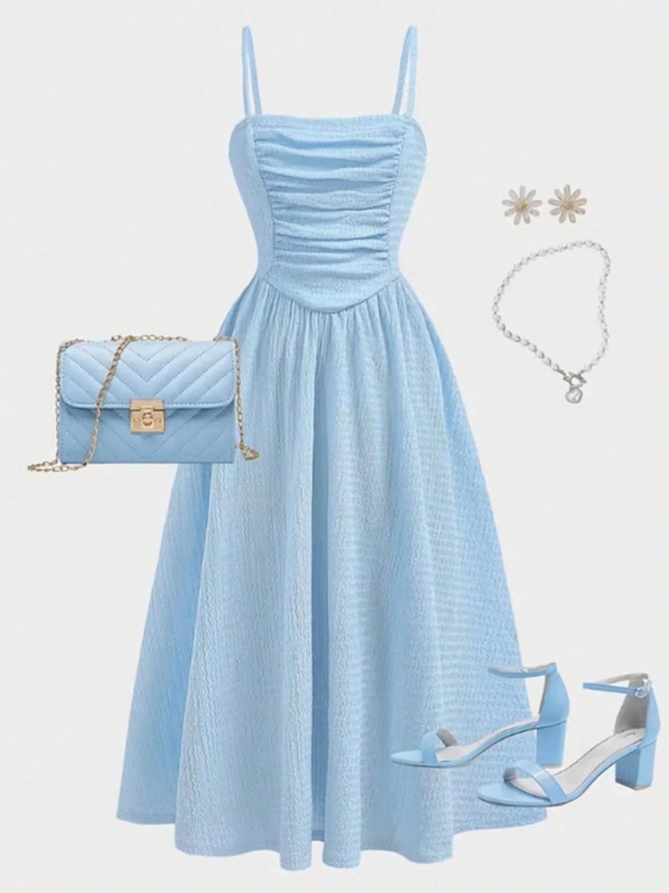 Youth Girls Light Blue Square Neck Ruched Bust Swing Cami Midi Dress, Slim Fit, Casual Style, Lightweight, Summer Teen Fashion