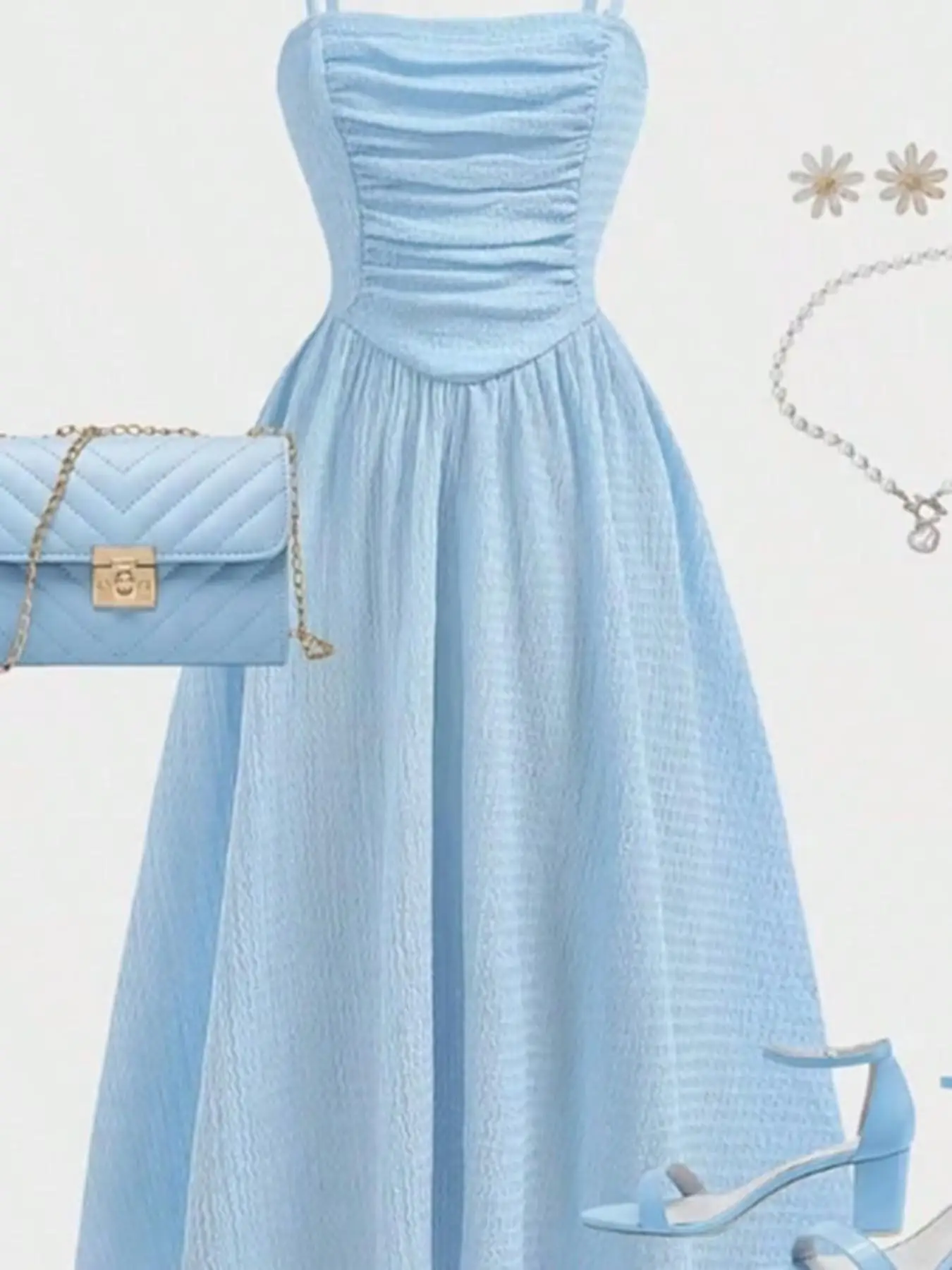 Youth Girls Light Blue Square Neck Ruched Bust Swing Cami Midi Dress, Slim Fit, Casual Style, Lightweight, Summer Teen Fashion