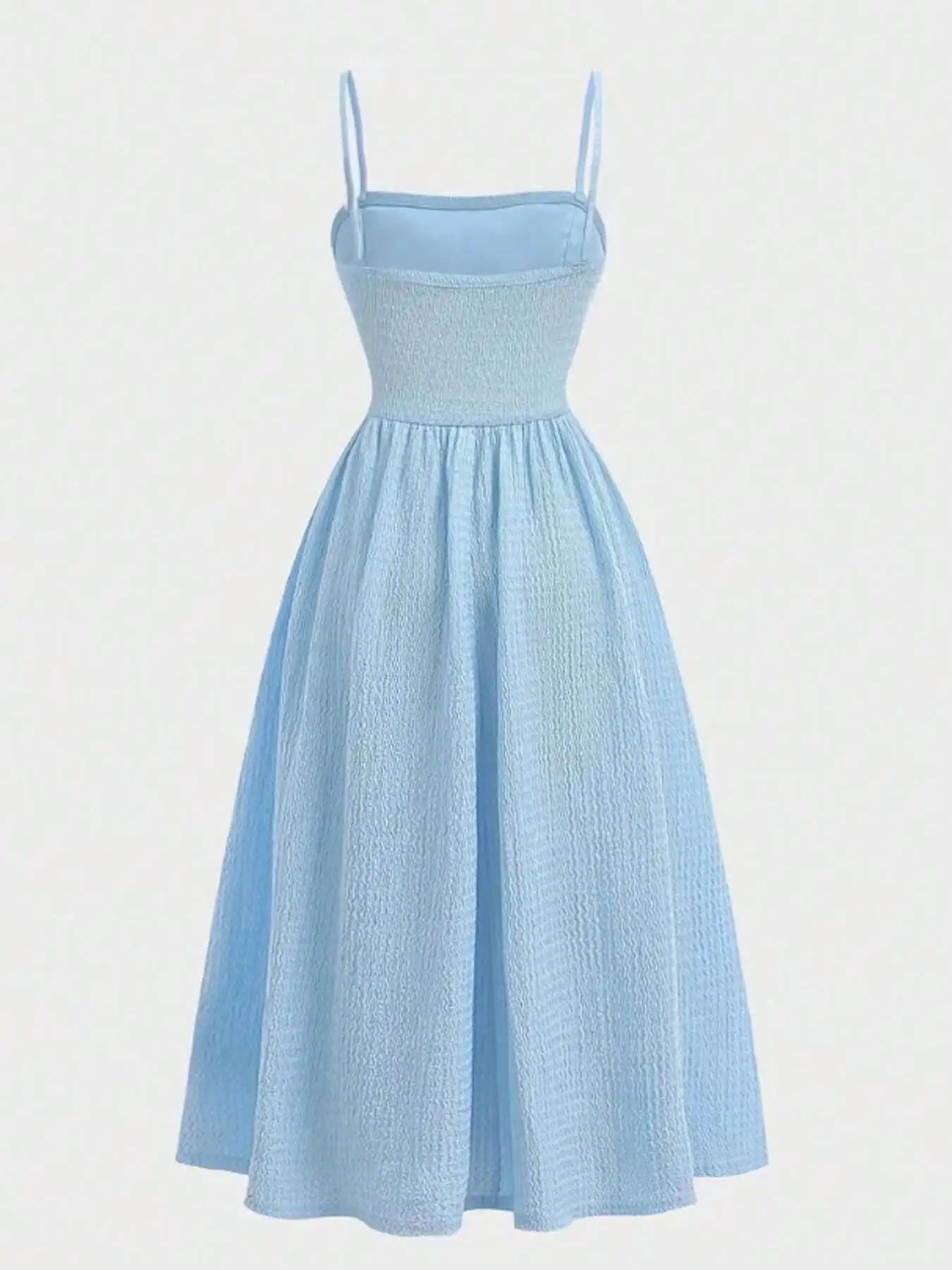 Youth Girls Light Blue Square Neck Ruched Bust Swing Cami Midi Dress, Slim Fit, Casual Style, Lightweight, Summer Teen Fashion