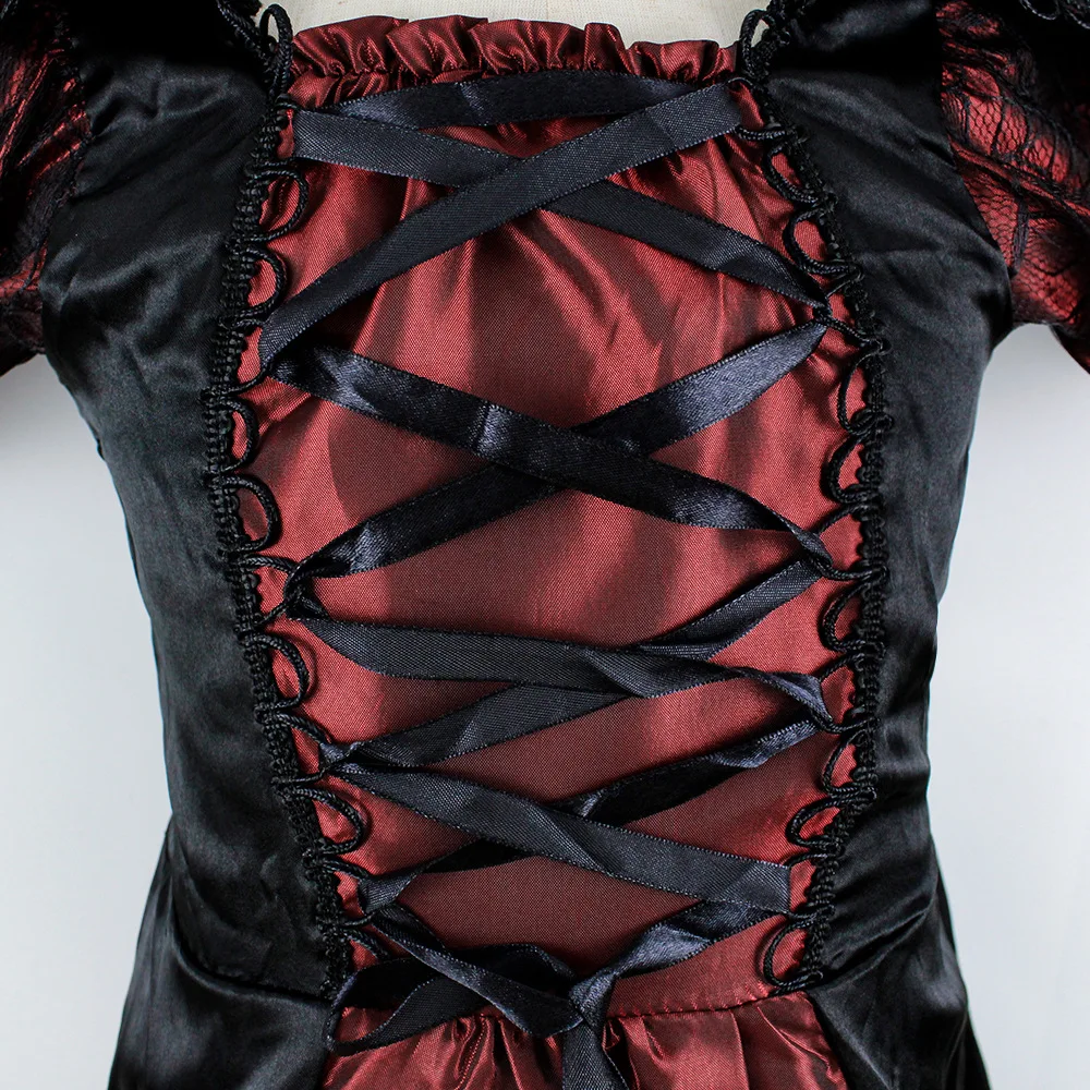 Vampire Queen Cosplay Costume Medieval Gothic Black Red Long Dress With Lace Collar Girls Halloween Party Role Play Fancy Outfit