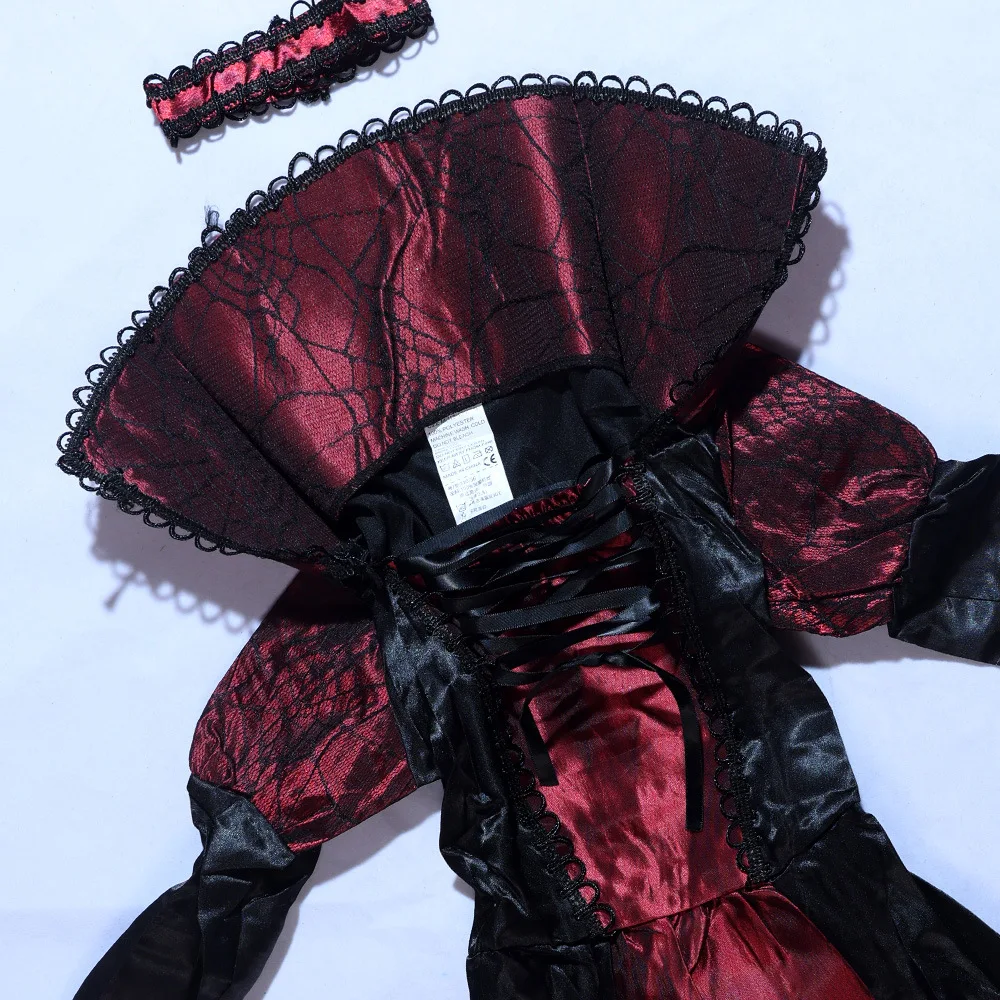 Vampire Queen Cosplay Costume Medieval Gothic Black Red Long Dress With Lace Collar Girls Halloween Party Role Play Fancy Outfit