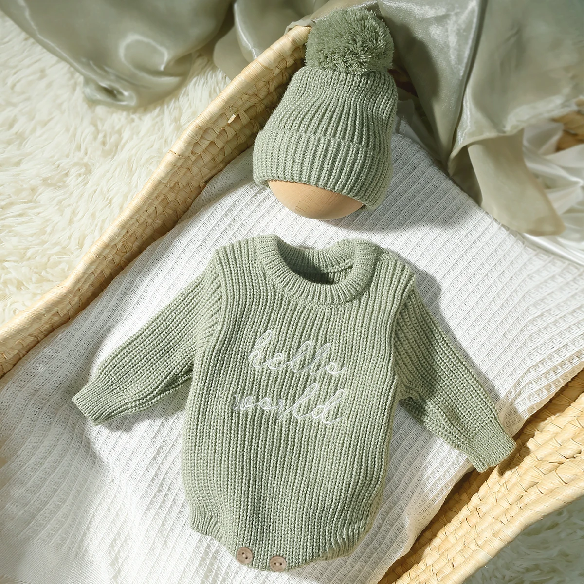 Ylsteed Hello World Knitting Newborn Photography Romper with Matching Pomp Hat Baby Boy Girl Sweater Outfits Photo Shooting-HD