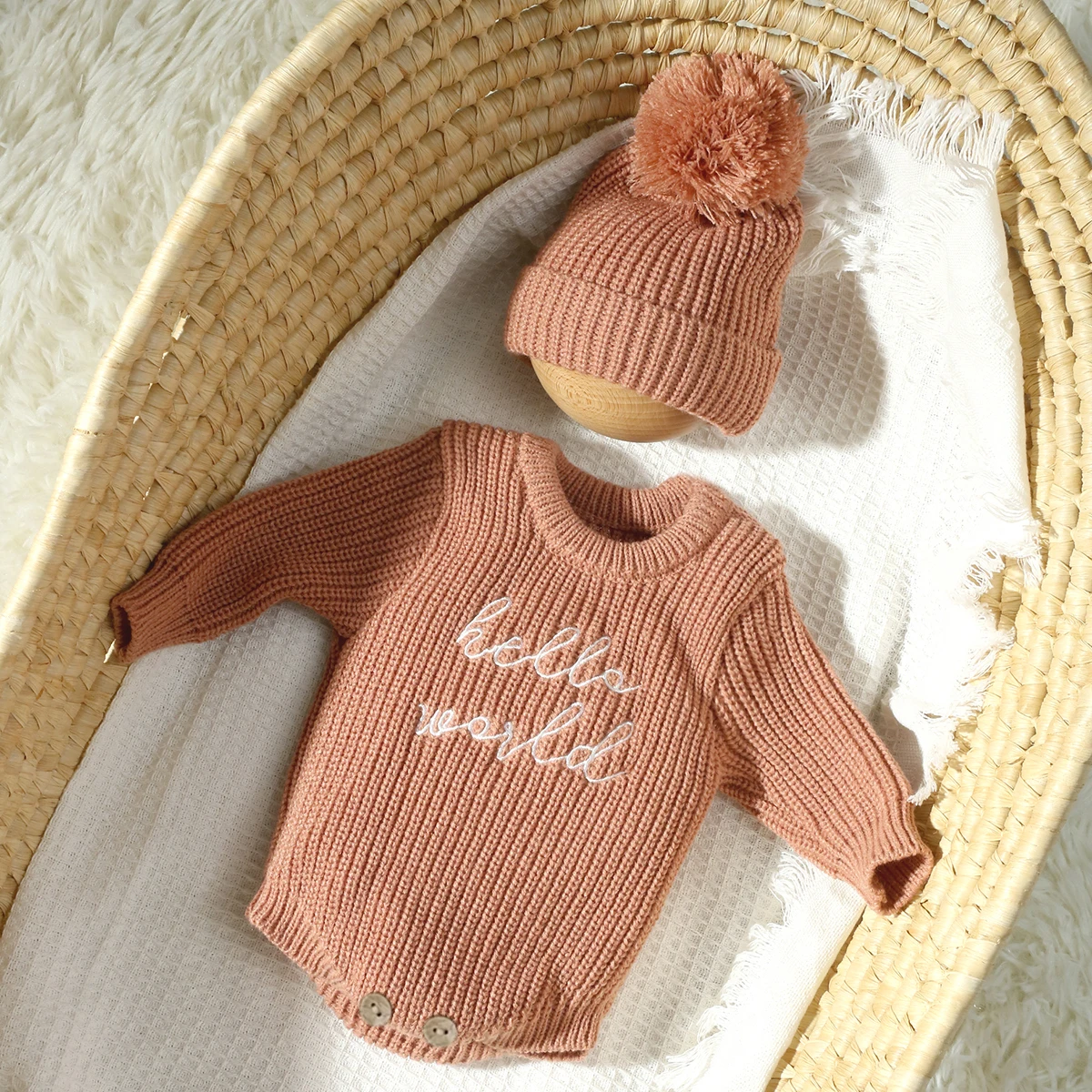 Ylsteed Hello World Knitting Newborn Photography Romper with Matching Pomp Hat Baby Boy Girl Sweater Outfits Photo Shooting-HD