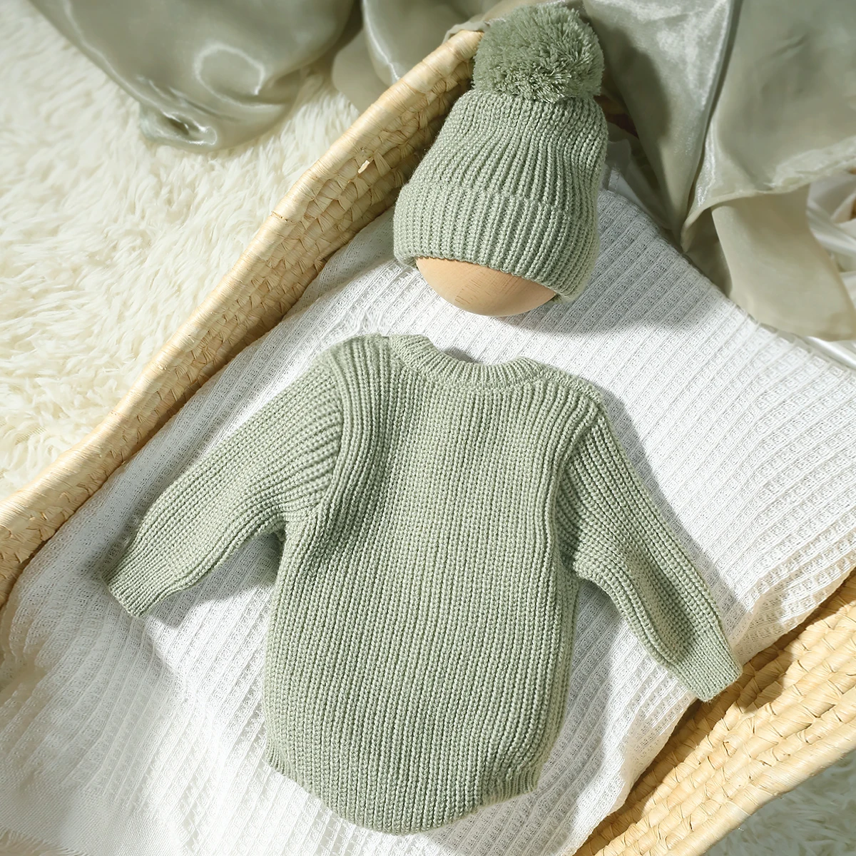 Ylsteed Hello World Knitting Newborn Photography Romper with Matching Pomp Hat Baby Boy Girl Sweater Outfits Photo Shooting-HD