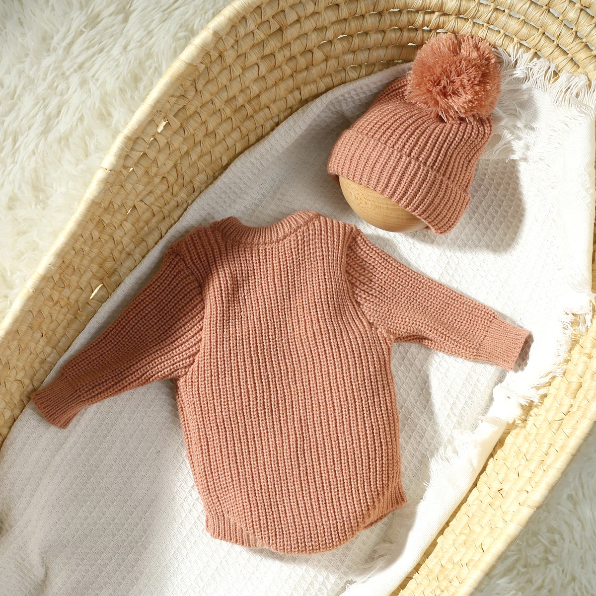 Ylsteed Hello World Knitting Newborn Photography Romper with Matching Pomp Hat Baby Boy Girl Sweater Outfits Photo Shooting-HD