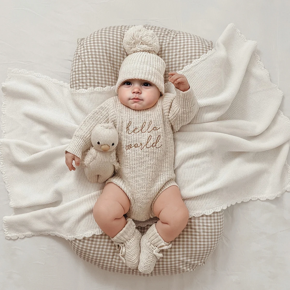 Ylsteed Hello World Knitting Newborn Photography Romper with Matching Pomp Hat Baby Boy Girl Sweater Outfits Photo Shooting-HD