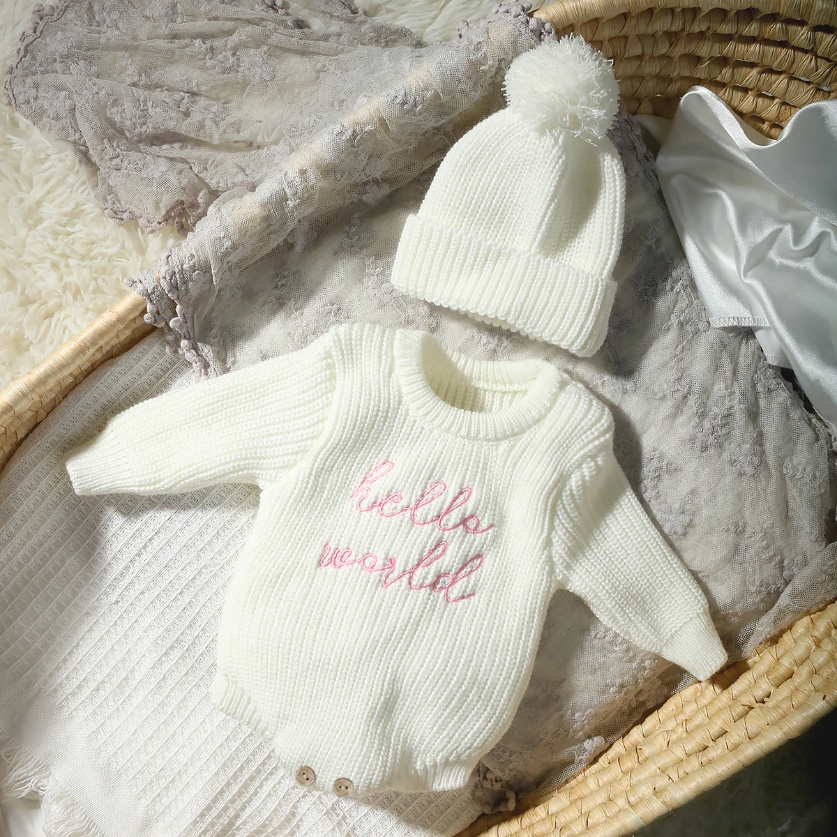 Ylsteed Hello World Knitting Newborn Photography Romper with Matching Pomp Hat Baby Boy Girl Sweater Outfits Photo Shooting-HD