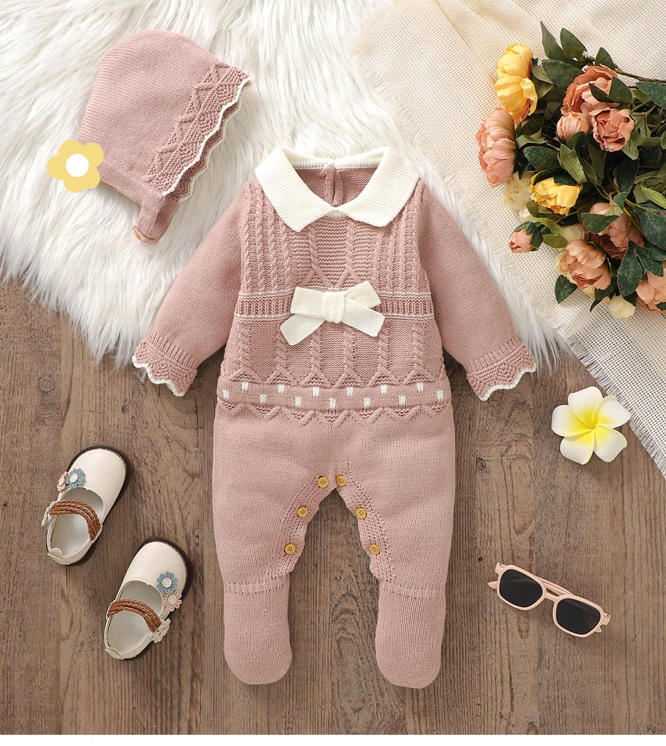 Infant Girls Rompers Hats Clothes Autumn Winter Pink Long Sleeves Knit Newborn Jumpsuits Outfits 0-18m Toddler Outwear Playsuits