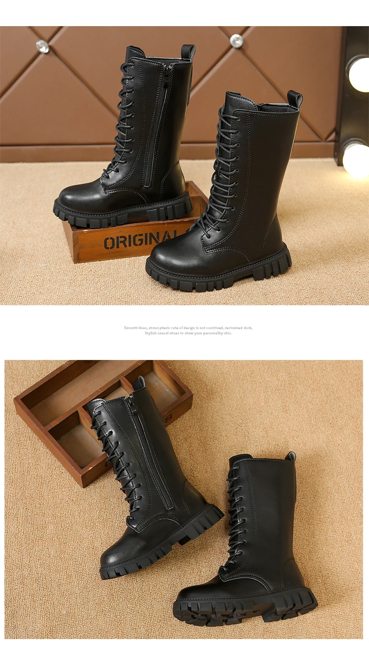 Girls White Lace-Up Boots Booties Side Zipper Soft Bottom Leather Dress/School Riding Boot Kids Autumn/Winter Fashion Mid Boots