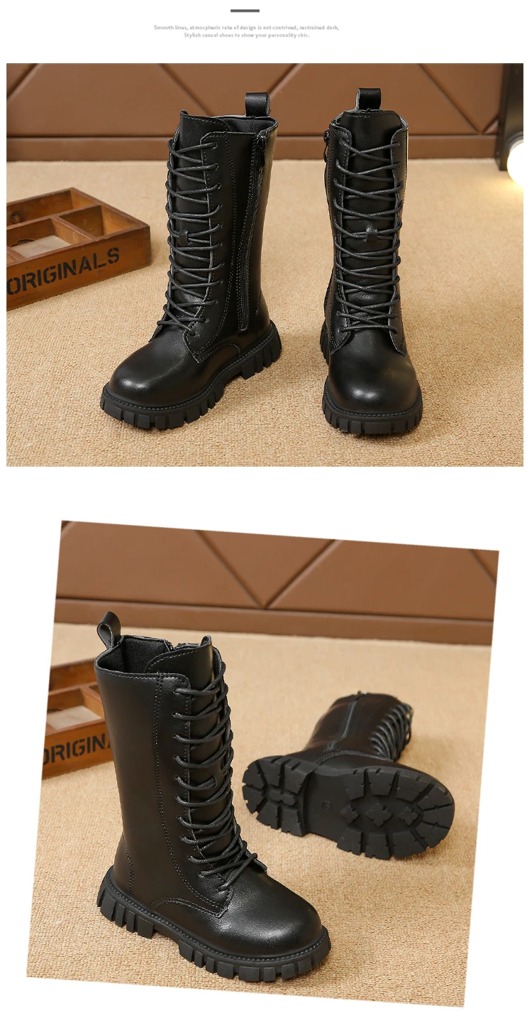 Girls White Lace-Up Boots Booties Side Zipper Soft Bottom Leather Dress/School Riding Boot Kids Autumn/Winter Fashion Mid Boots