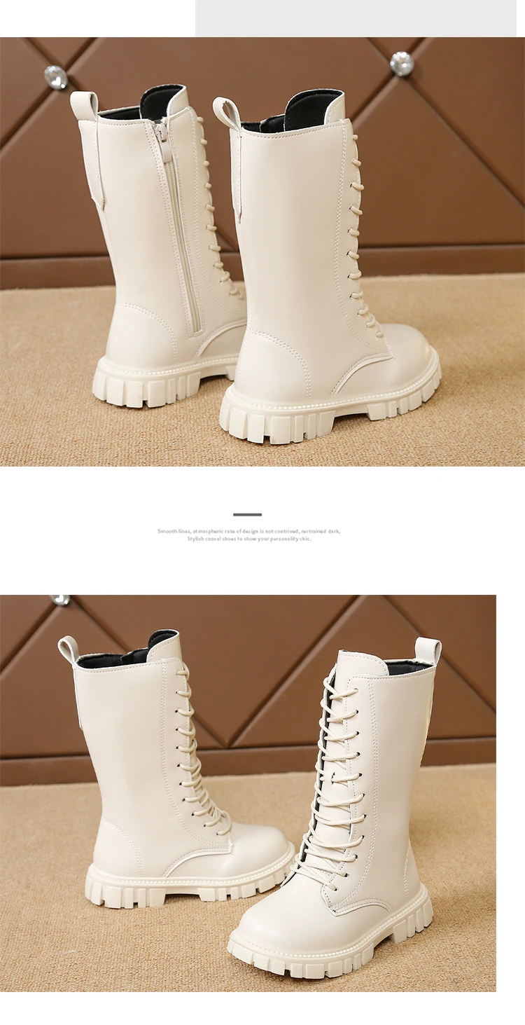 Girls White Lace-Up Boots Booties Side Zipper Soft Bottom Leather Dress/School Riding Boot Kids Autumn/Winter Fashion Mid Boots