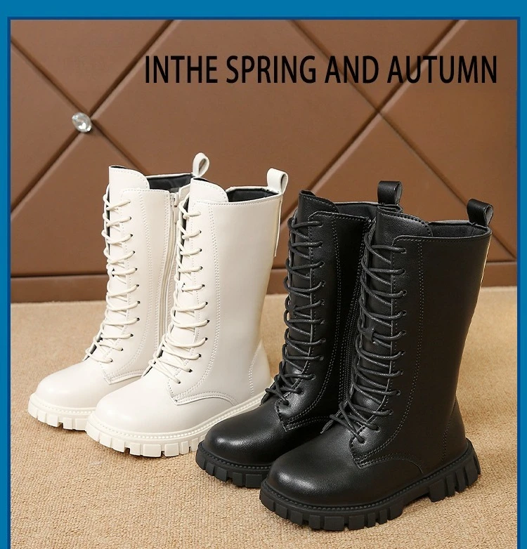 Girls White Lace-Up Boots Booties Side Zipper Soft Bottom Leather Dress/School Riding Boot Kids Autumn/Winter Fashion Mid Boots