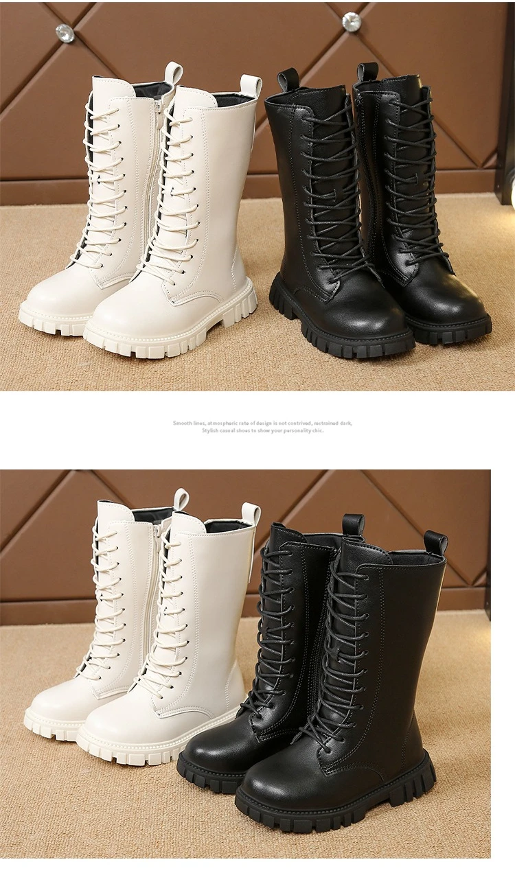 Girls White Lace-Up Boots Booties Side Zipper Soft Bottom Leather Dress/School Riding Boot Kids Autumn/Winter Fashion Mid Boots