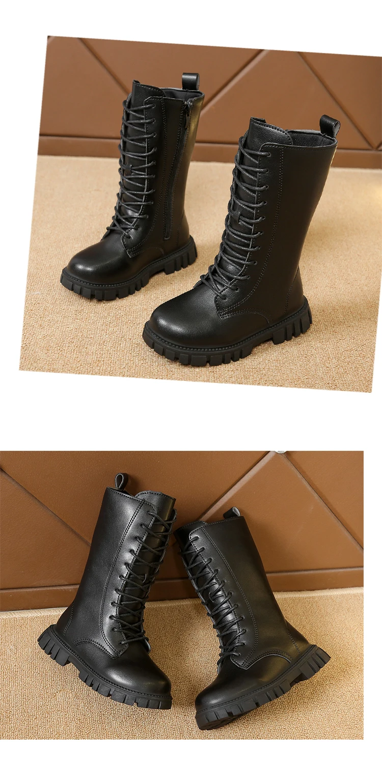 Girls White Lace-Up Boots Booties Side Zipper Soft Bottom Leather Dress/School Riding Boot Kids Autumn/Winter Fashion Mid Boots